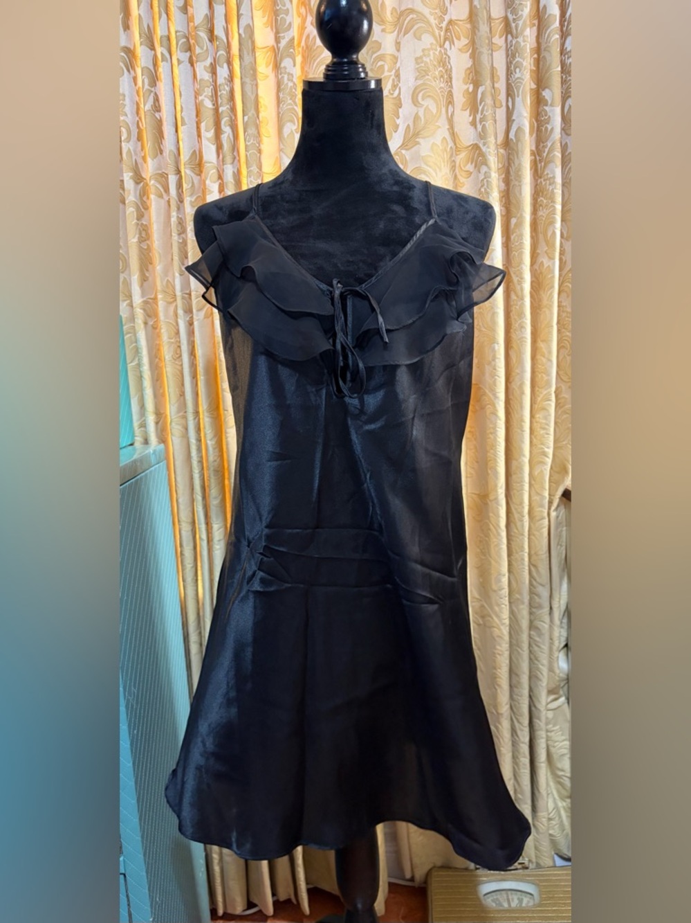 Vintage 90s Black Liquid Satin Ruffle Slip Dress 🖤 Coquette